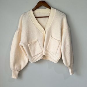 Knitted Cardigan Sweater Sz S Women Long Sleeve Buttons Loose Balloon Sleeves